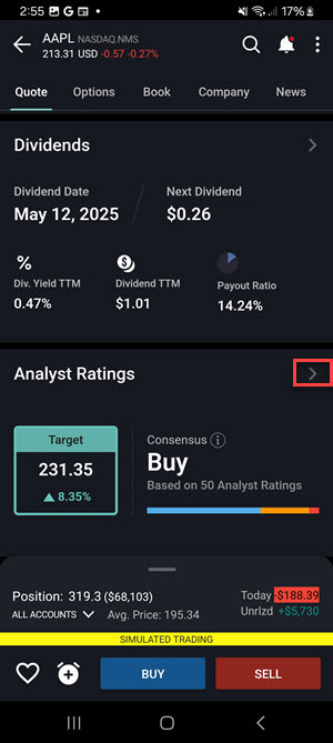 The analyst rating tab on the android phone